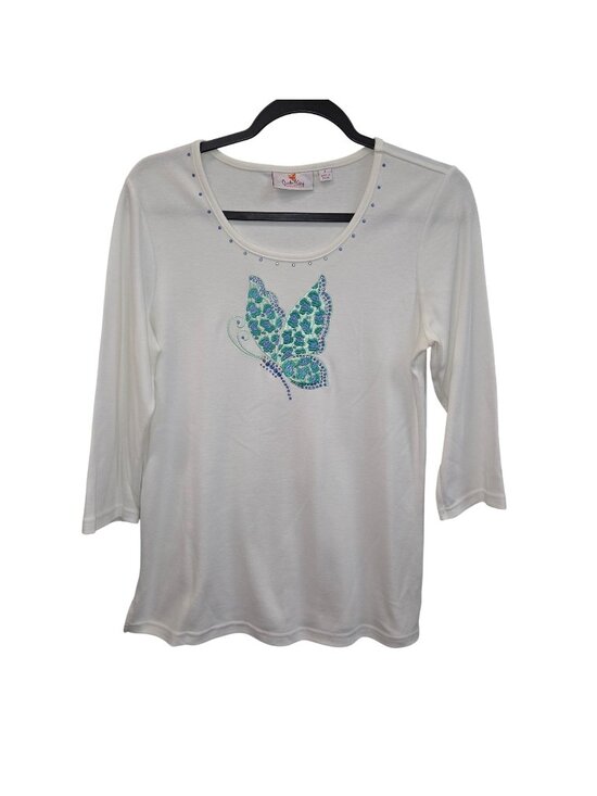 Quacker Factory Tops - Quacker Factory Womens S White 3/4 Sleeve Top Blue Butterfly Embellishment 4416